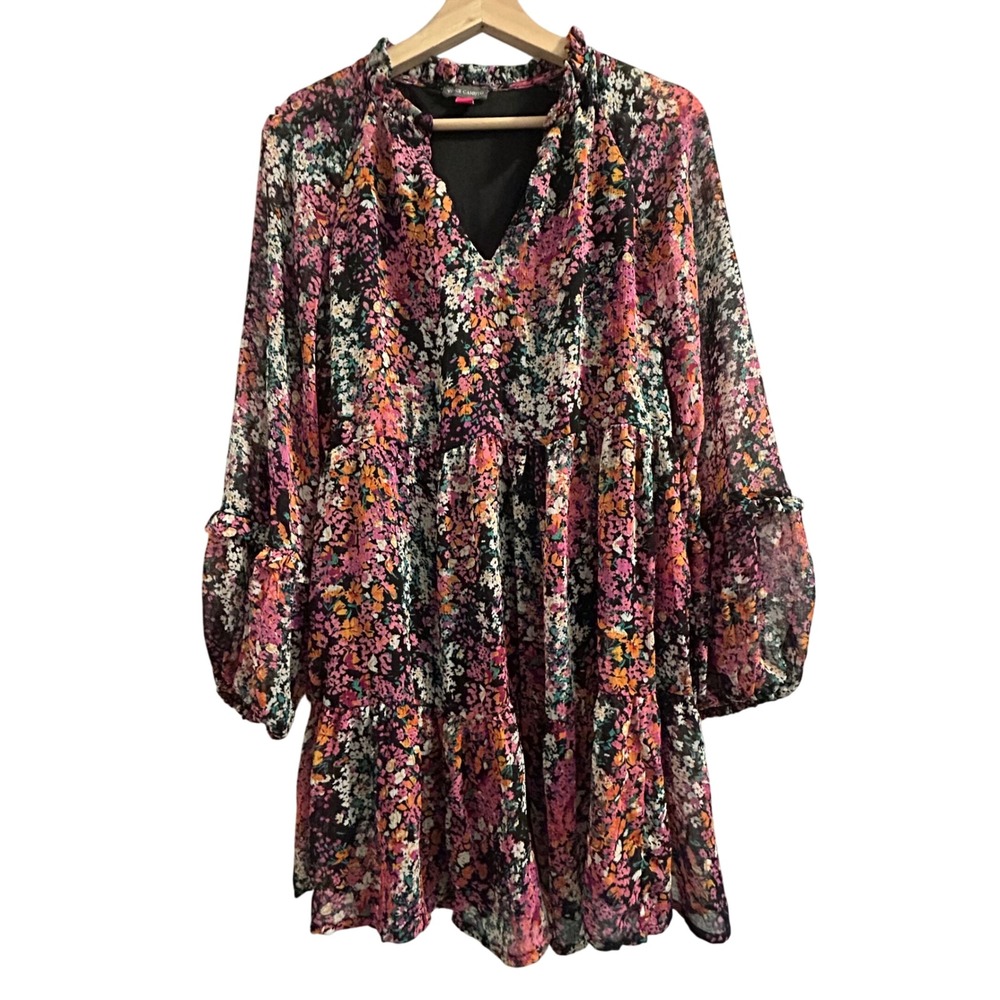 Vince‎ Camuto Womens Black Floral Tiered Chiffon Long Sleeve Ruffle Dress XS